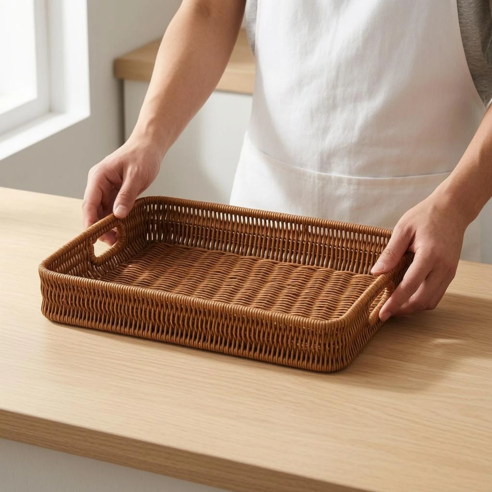 Wicker Basket Tray Rectangular Rattan Tray Basket Open Top Brown for Tabletop
