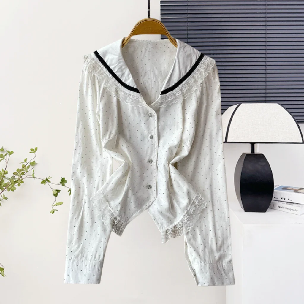 블랙,새로운,여름,한국어,스타일,슬림,블라우스,짧은,패션,섹시,버튼,패치워크,레이스,반짝이는,다이아몬드,여성,긴 소매,탑,562703