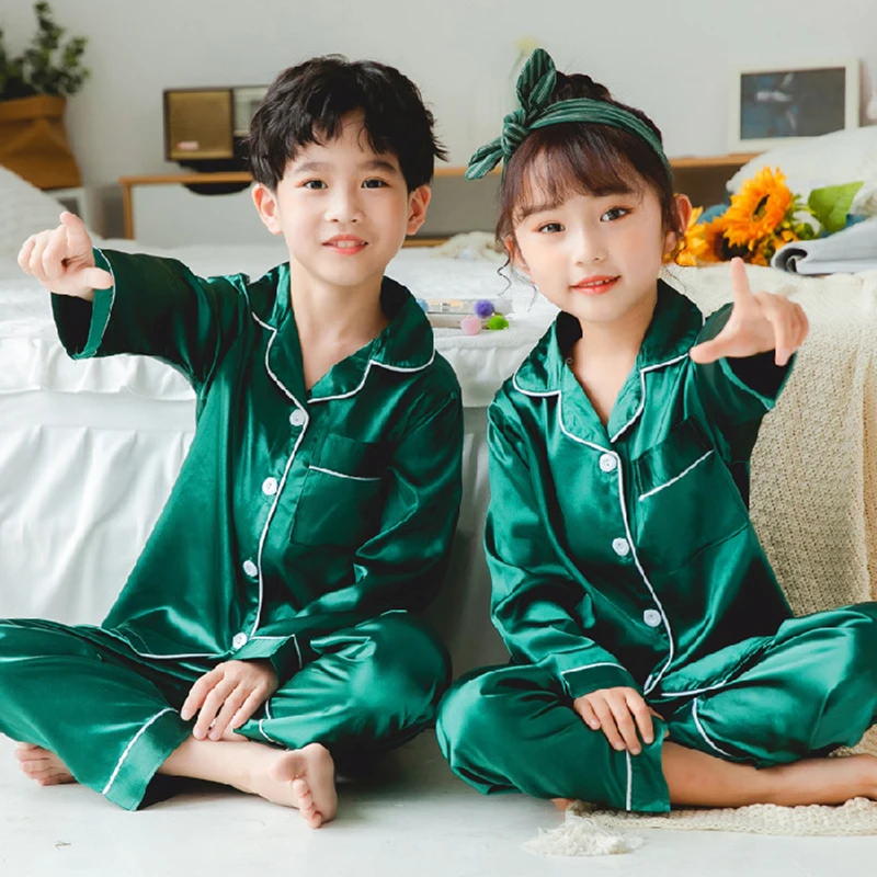 New Children Silk Satin Pyjamas Set Baby Sleepwear Pijama Solid color Pajamas Suit Boys Girls Sleep Set Autumn Kids Loungewear