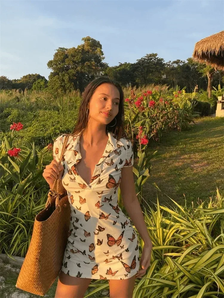 Summer  Women's Sexy V-Neck Stitching Print Slim Shirt Skirt Sweet Super Short Dress