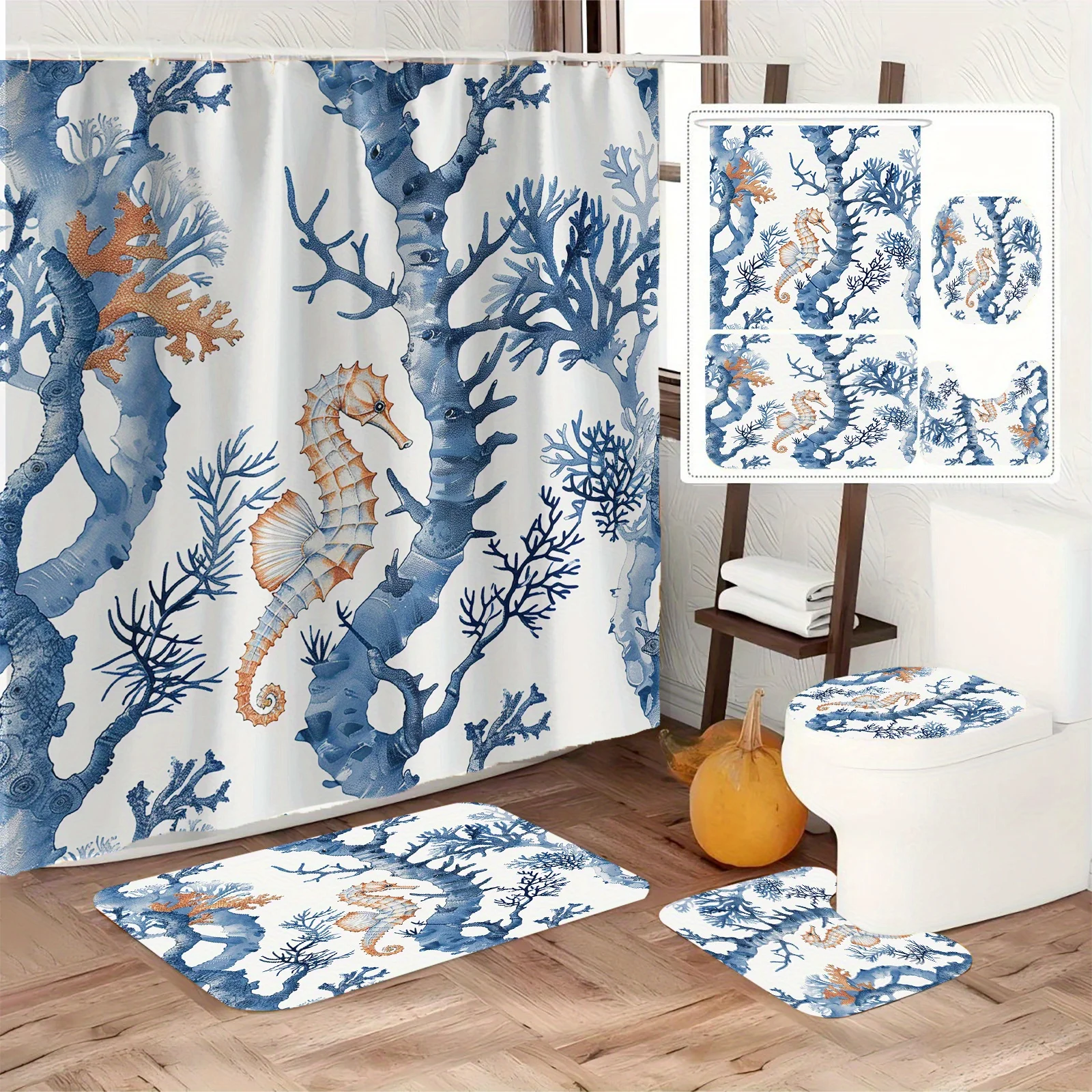 

Seahorse and Coral Bathroom 4-Piece Set: Shower Curtain, Bath Mat, Toilet Cover, Tank Cover – Coastal and Ocean-Inspired Decor