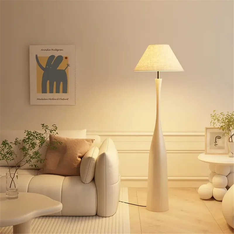 Beige Linen Conical Floor Lamp with Modern Resin Vase Base LED Light for Living Room Bedroom Villa Hotel Interior Home Decor