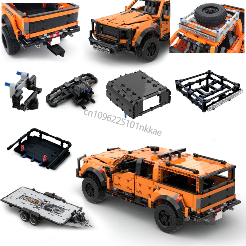 MOC F-150 Raptor Car Trailer Technical Hitch Crane Platform Hardtop Bumper Roofrack Building Blocks DIY Bricks Toy Gifts