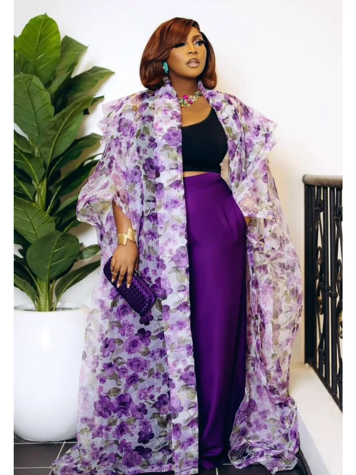 Damen-Kimono-Cardigan aus Organza mit Blumenmuster, offene Rüschenärmel, transparente elegante Oberbekleidung, lässig-formell, Übergröße, Überwurf