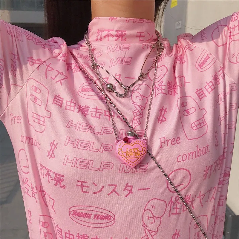 Ins Hip-hop 3D Pink Heart Bottle Necklace Love Letter Bottle Pendant Necklaces For Women Girls Fashion Jewelry