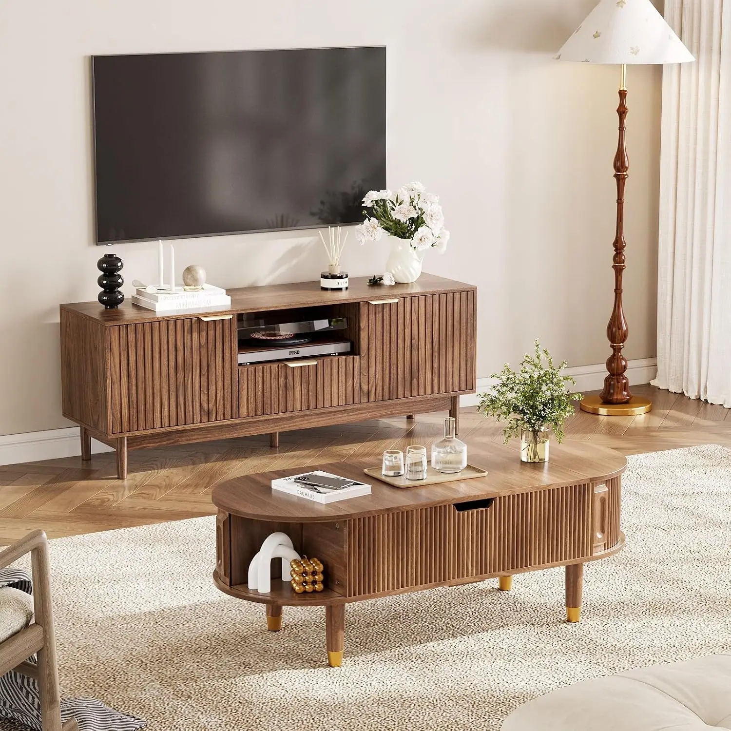 Lift Top Coffee Table & TV Stand Set With Storage For Living Room Bedroom Home Office, Walnut, Customized