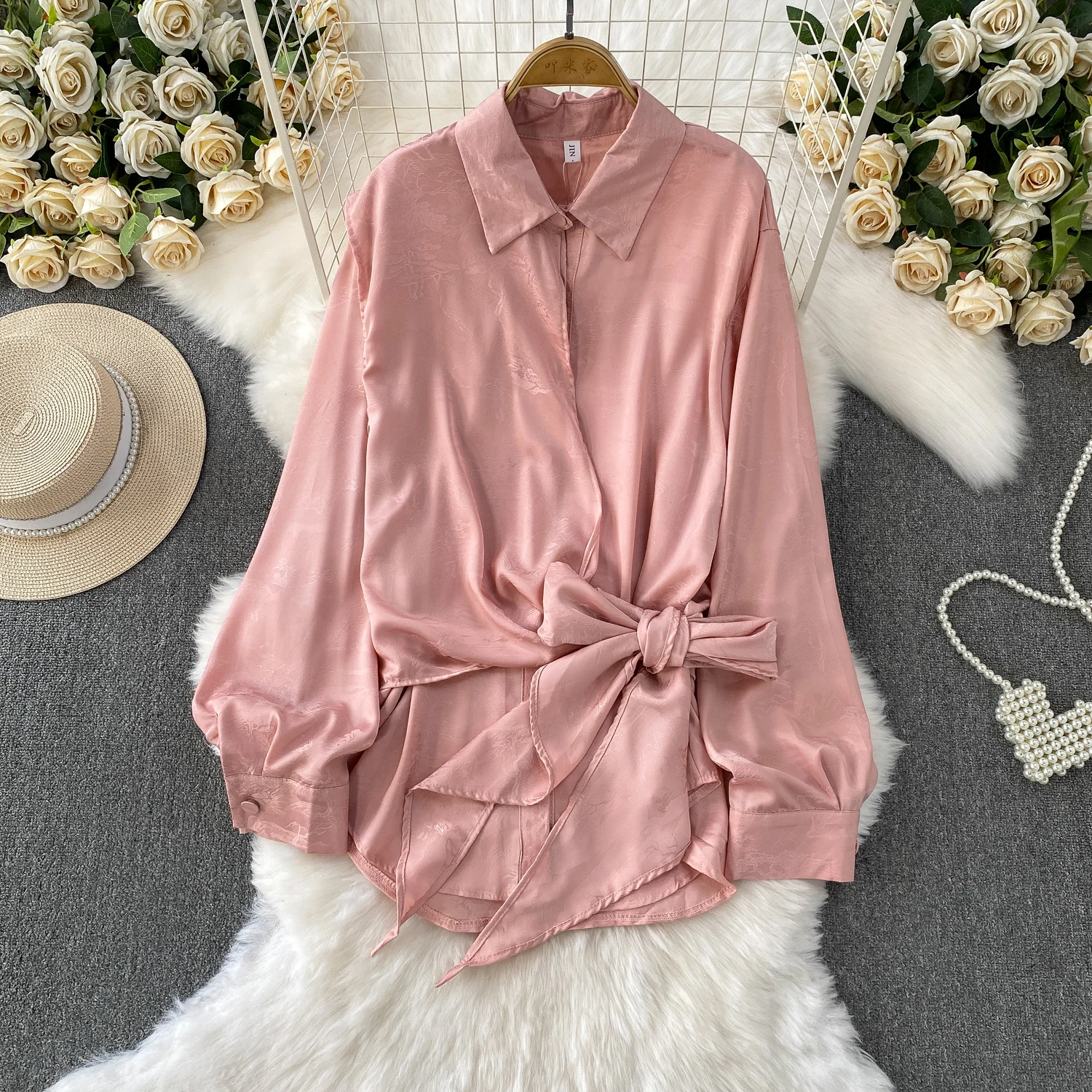 

Women's Chic Pink Printed Turn-down Long Sleeve Button-Up Blouse Fashion Bow Tied Shirt Stylish Lace-up Waist Female Top