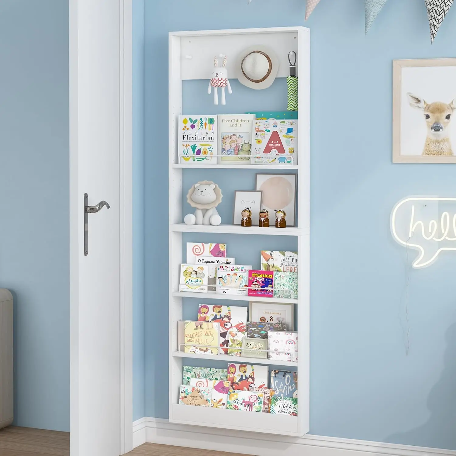 

5-Tier Kids Bookshelf, Wall-Mounted Book Shelf with Adjustable Shelves & Hooks, Wooden Kids Bookshelf and Toy Storage, S