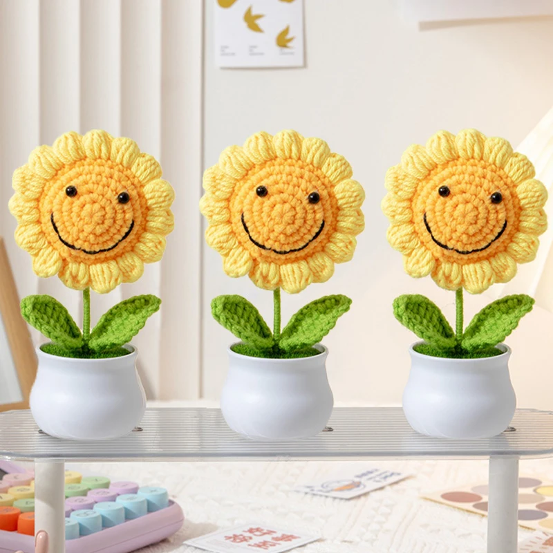 1PCS Kreative Künstliche Blumen Nette Häkeln Sonnenblume Töpfe Gestrickte Blume Handgemachte Geschenk Hause Hochzeit Gast Geschenke Desktop Decor – Detail 7