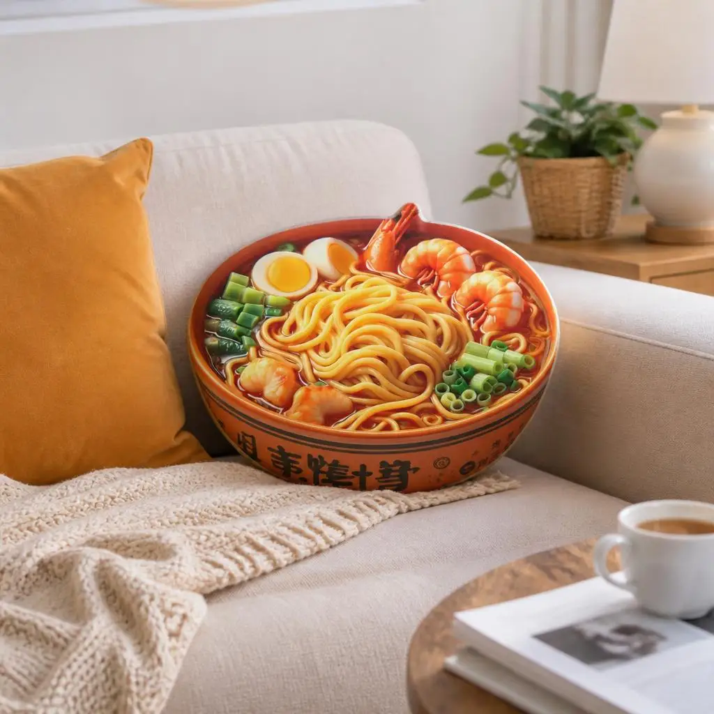 Shrimp Ramen Bowl Shaped Stuffed Throw Pillow Noodle Cushion Asian Cuisine Gift Sofa Living Room Home Decor Kitchen Accent