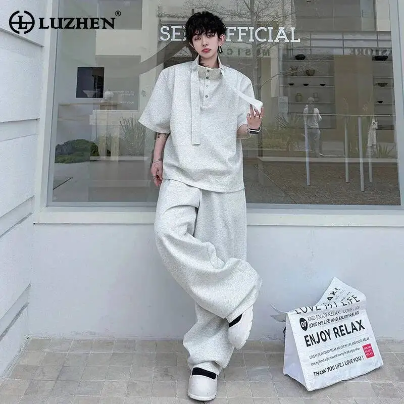 LUZHEN 2026 Summer Solid Color Ribbon Decorate Stand Neck Short Sleeve Sweatshirt And Loose Casual Pants Two-piece Sets JY6521
