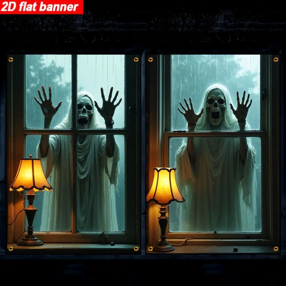 2D flach, 2-teiliges 2D-Flachbanner, Halloween-Design mit Horror-Motiv, Totenkopf-Muster, Partydekoration – Polyestermaterial