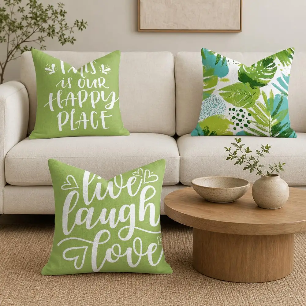 Lime Green Tropical Leaf Cushion Cover Natural Linen Organic Fabric Double-Sided Printing Sofa Home Decor Gift Pillow Cover