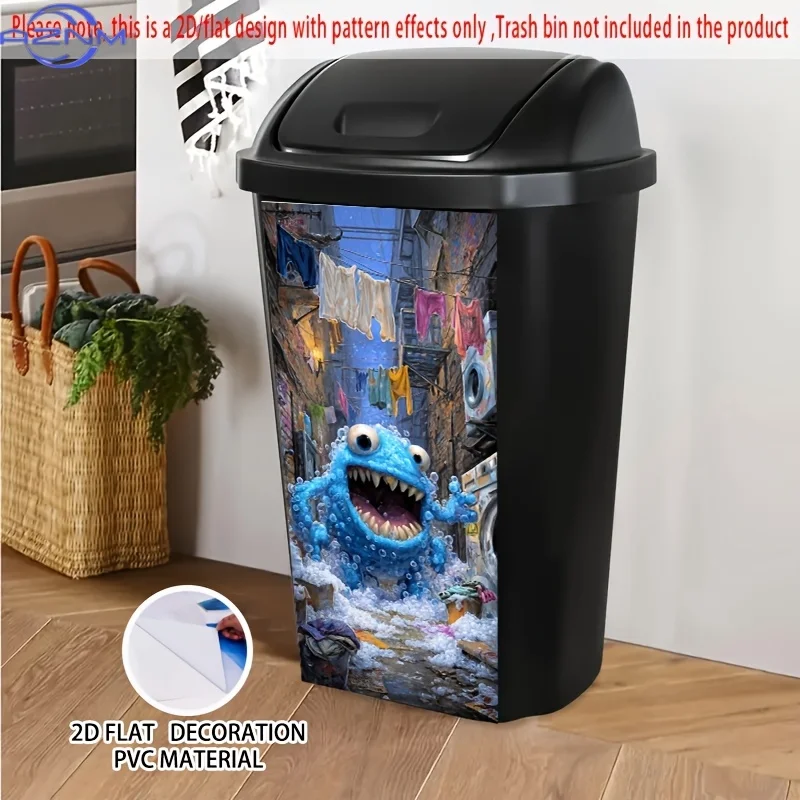 Bubbly Laundry Monster Self-Adhesive Dustbin Sticker - 14.57x32.28 Inch PVC Decorative Sticker with Playful Blue Monster & Soa