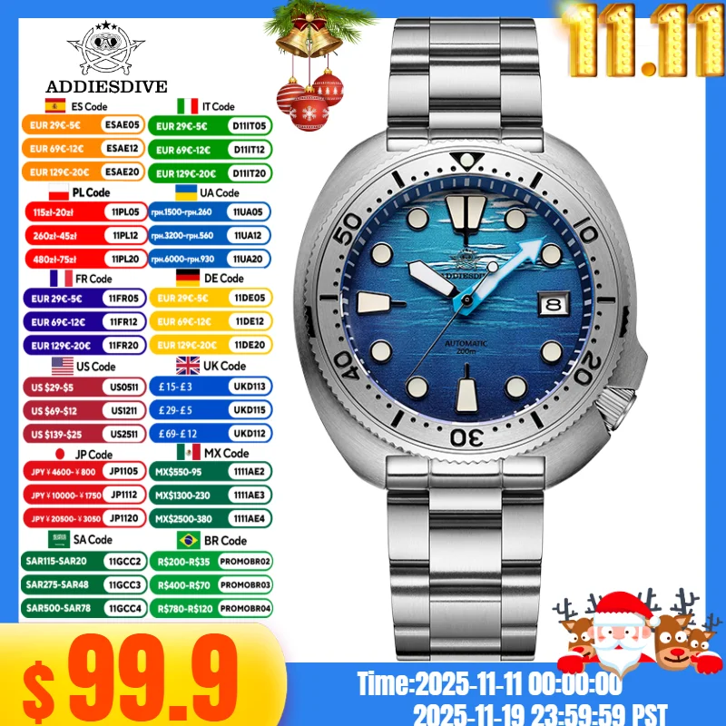 ADDIESDIVE NEW AD2045 Men Watches NH35A Sapphire Crystal Casual Fashion BGW9 Luminous 20Bar Diving Mechanical Watch Montre Homme