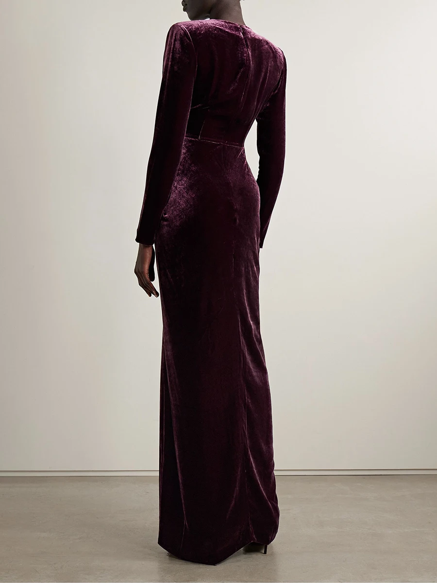 TWOTWINSTYLE Solid Spliced Folds Elegant Velvet Dresses for Women V Neck Long Sleeves High Waist Patchwork Sequined Dress Female