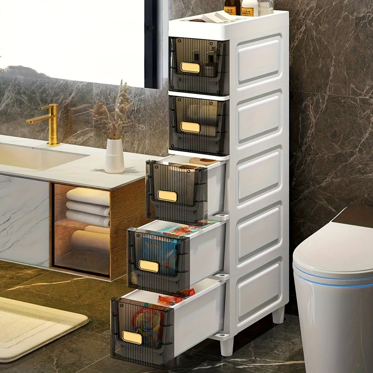 Armario de almacenamiento de huecos de plástico de lujo ligero, combinación multicapa, tipo de piso de cocina, estante de baño, prevención de polvo y salpicaduras