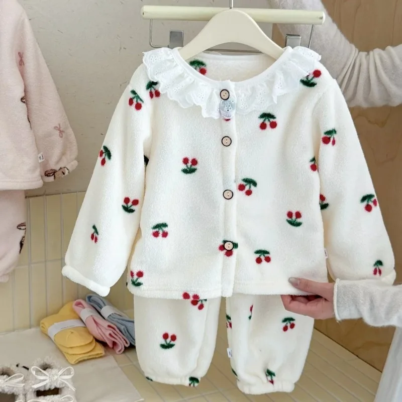 Kids Coral Fleece Pajama Set Cute Cherry Heart Cow Print Loungewear Lace Ruffle Collar Toddler Winter Warm 2Pcs Home Sleepwear
