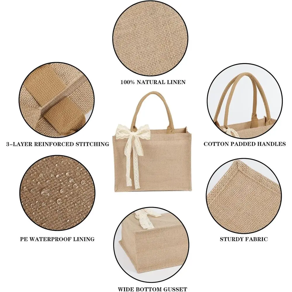 مجموعة من 12 كيسًا من الخيش المقاوم للماء مع مقابض، وحقائب بقالة قابلة لإعادة الاستخدام، 15.35 × 6 × 12 بوصة، مثالية للنساء، وصيفات العروس، Beac