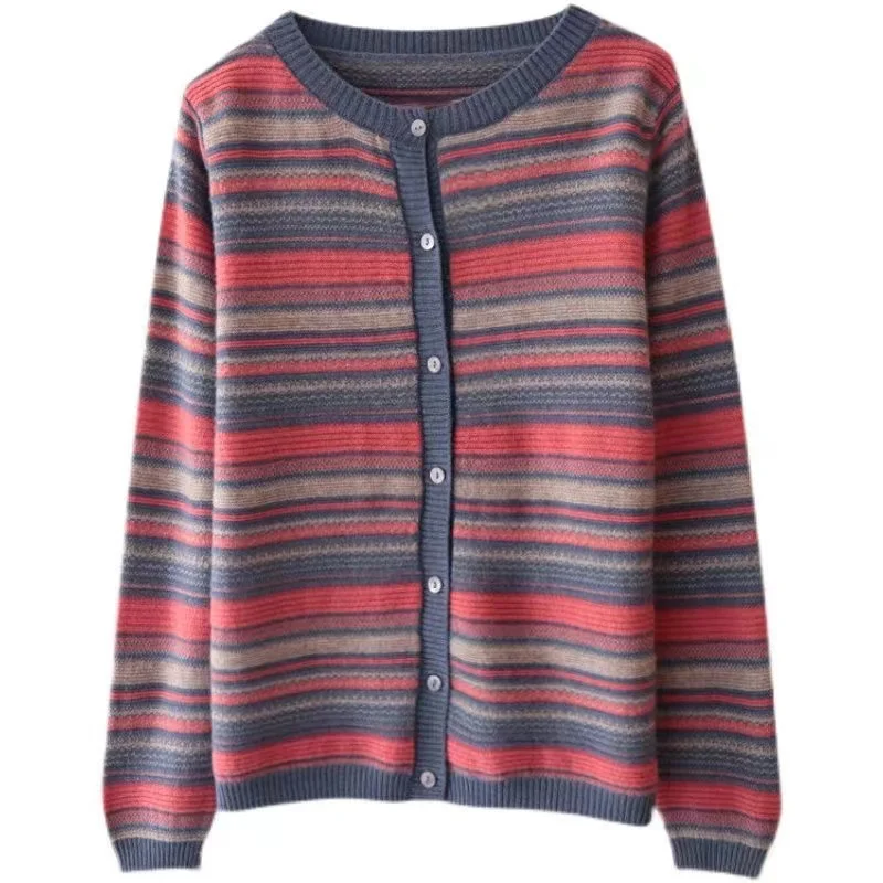 Women's Knitted round Ne Open Cardigan Single Stripe Outerwear Sweater Casual Comfortable Loose Fit Long Sve Regular Length