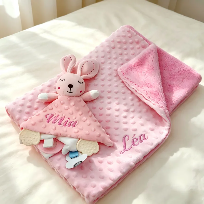 Personalized Name Baby Blanket Set Custom Dot Minky Newborn Swaddle with Security Towel Soft Infant Shower Gift for Boys & Gir