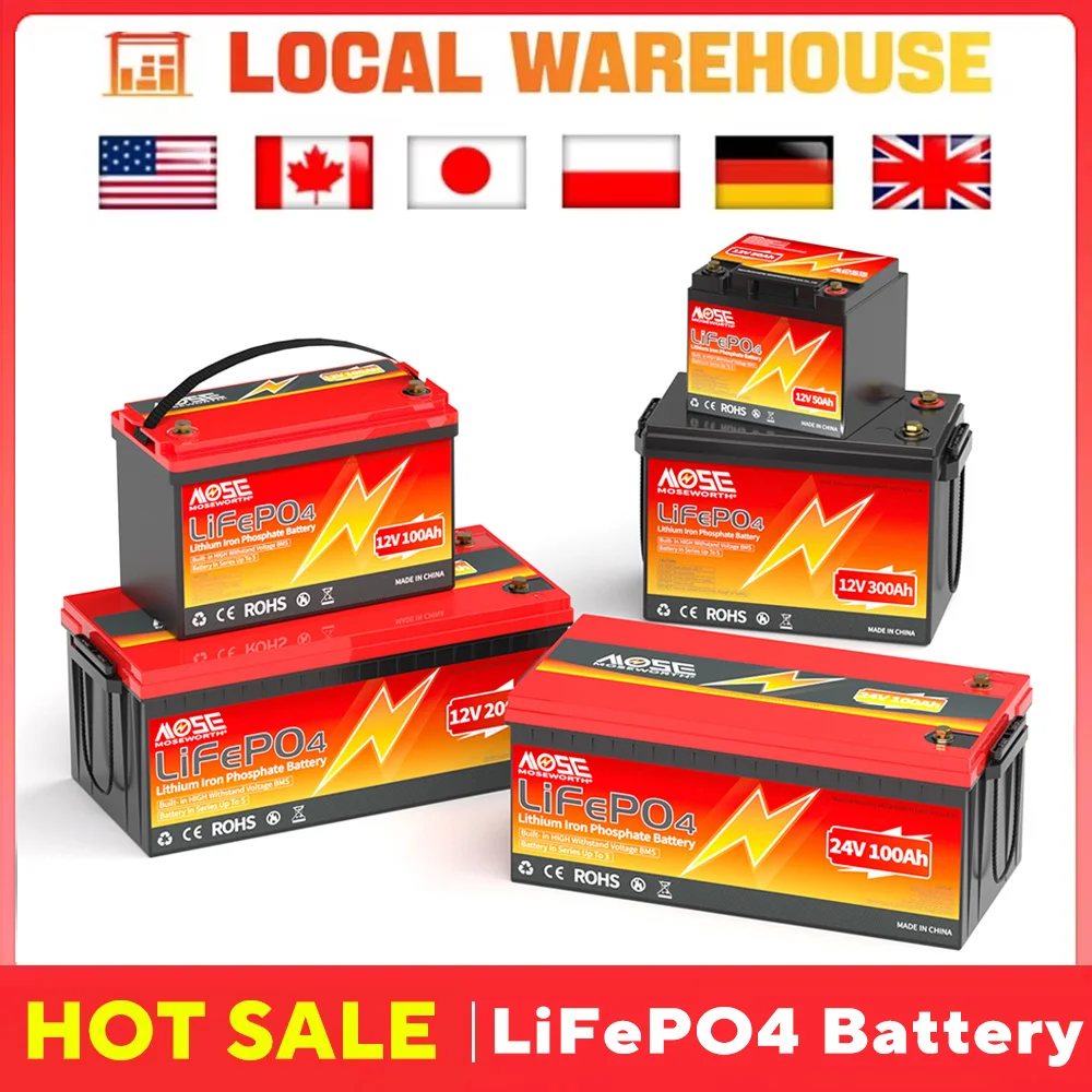 EU Stocks LiFePO4 Rechargeable Battery 12V 24V 100Ah 200Ah 300Ah Built-in BMS 6000+ Cycle For Golf Carts Marine Trolling Motor