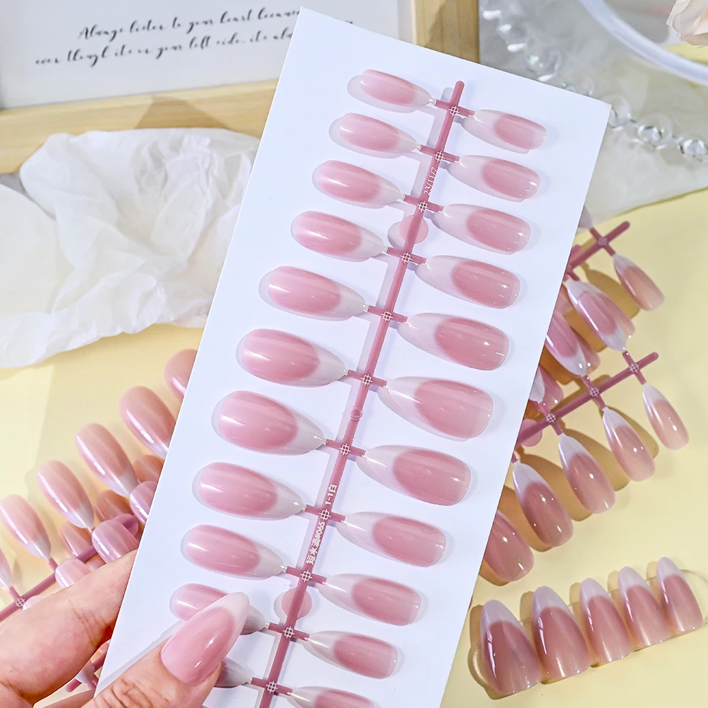 120pcs Pink Medium Almond French False Nails Gradient Design White French Press On Nails Full Cover Acrylic Gel Fake Nails Tips#