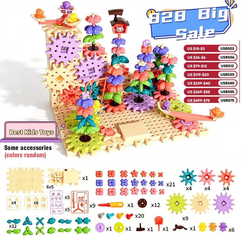Blocs de construction rotatifs électriques DIY, jouet éducatif pour enfants, briques colorées en forme de fleurs à assembler pour garçons et filles