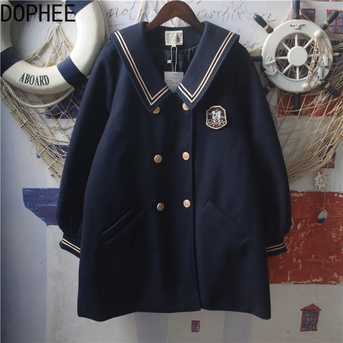 

Japanese Preppy Look Double-breasted Quilted Coat Autumn Winter JK Wool Jacket Solid Color Mid-long Navy Collar Female Overcoat