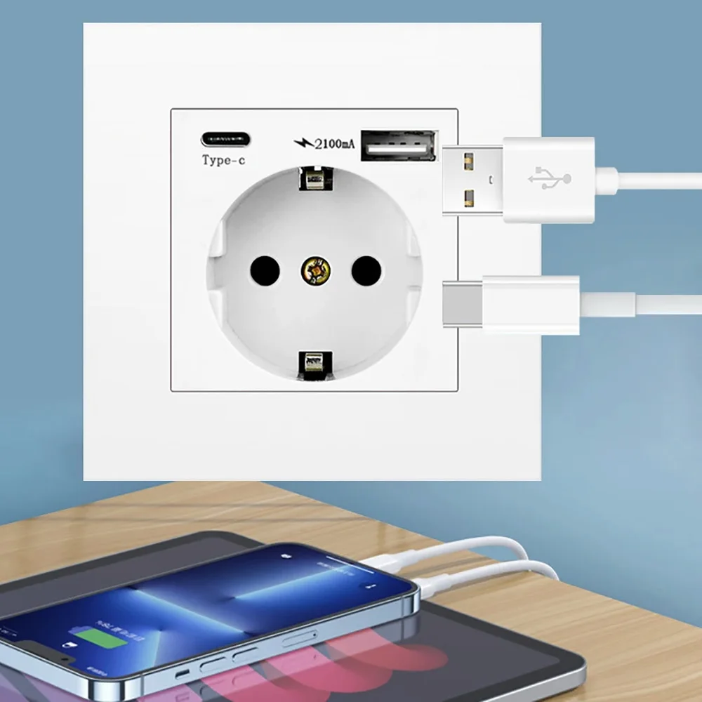 EIOMR EU Standard Power Socket, Single and Double 220V 16A White Black PC Panel EU Socket, Wall Usb Type-C Plugs Outlet for Home