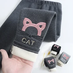 Winter Pants for Girls Warm Lambs Wool Thick Leggings Cartoon Cat Embroidery Cotton Trousers Kids Children 3-12 Years Clothing