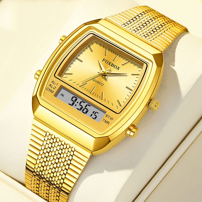 FOXBOX Gold Square Watch Women Top Brand Luxury Women's Bracelet Watch Fashion Elegant LED Backlight Waterproof Watch For Women