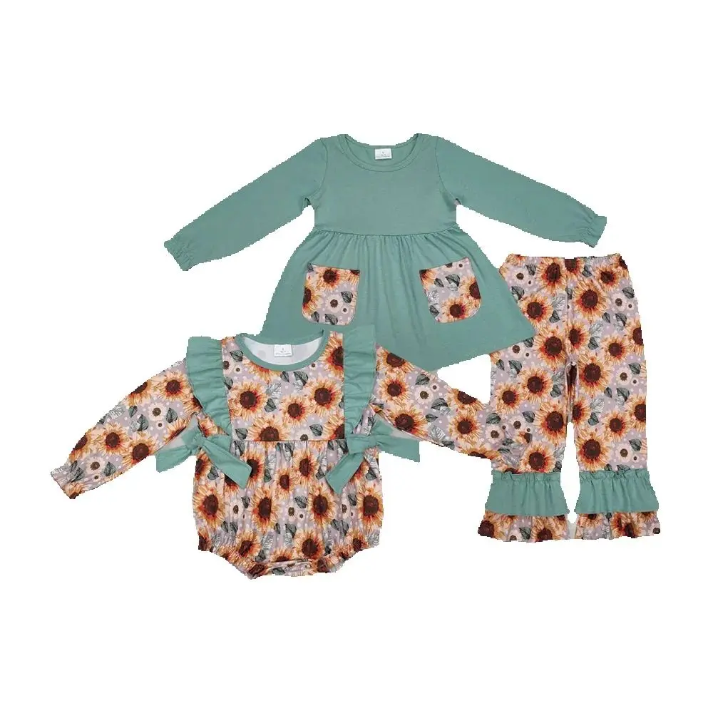 

Sibling Sister Baby Girls Green Pockets Sunflowers Rompers Clothes Sets