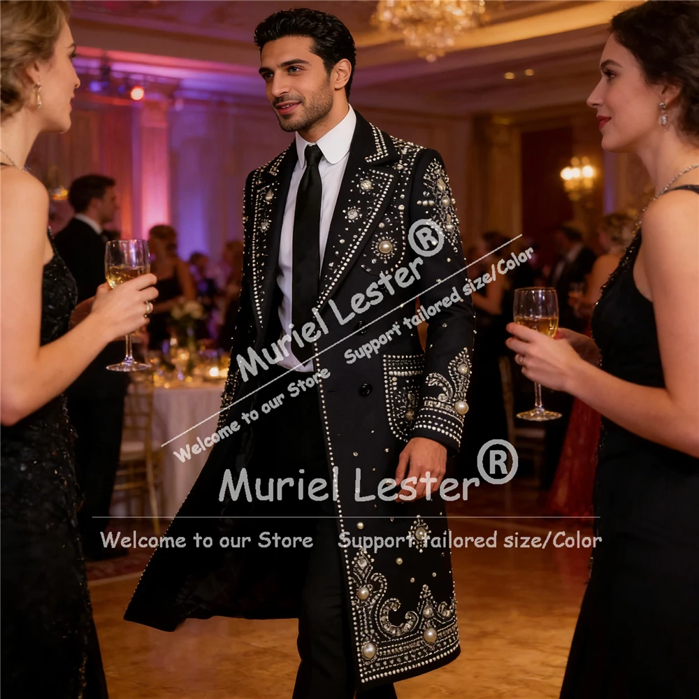 

Luxury Beaded Stones Suits Men Long Customized Double Breasted Jacket Pants 2 Pcs Groom Party Wedding Tuxedos trajes para hombre