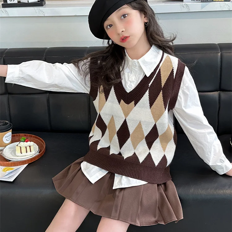 Girls Two-piece Set 2024 Autumn New Childrens Wear Girls Baby Japanese Preppy Style Shirt Knit Vest Set Casual Simple Daily image 5