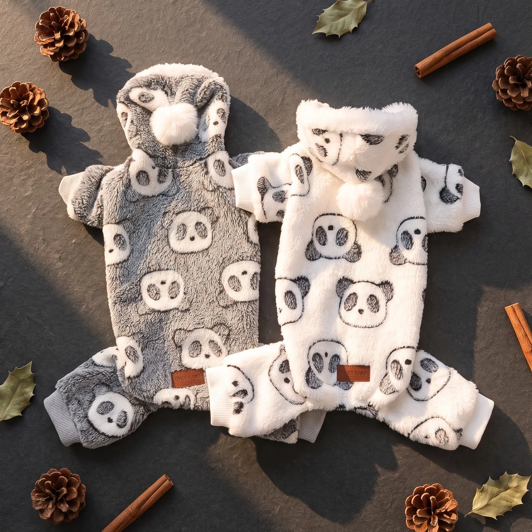 Hundeanzug mit Kapuze und vier Beinen, Plüschballmütze mit Panda-Motiv, weicher und bequemer, dicker Herbst- und Winter-Pyjama. – Detail 1