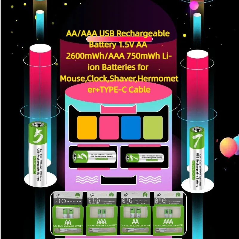 

AA/AAA USB Rechargeable Battery 1.5V AA 2600mWh/AAA 750mWh Li-ion Batteries for Mouse,Clock,Shaver,Hermometer+TYPE-C Cable