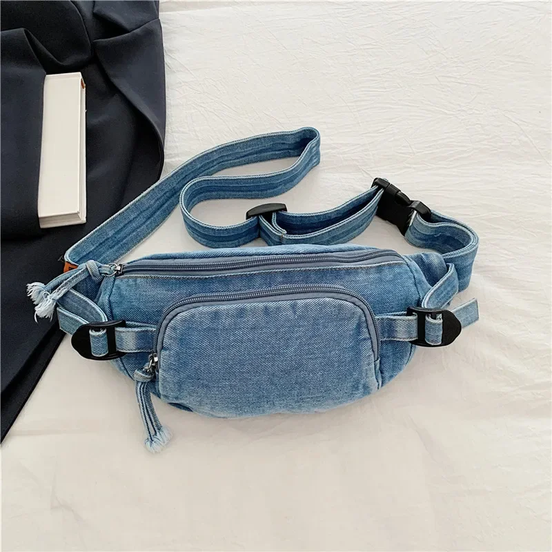 

Denim Zipper Waist Packs 2025 Hot Selling Nylon Solid Color Neutral Style Casual Chest Bag Soft Versatile Simple Crossbody Bag