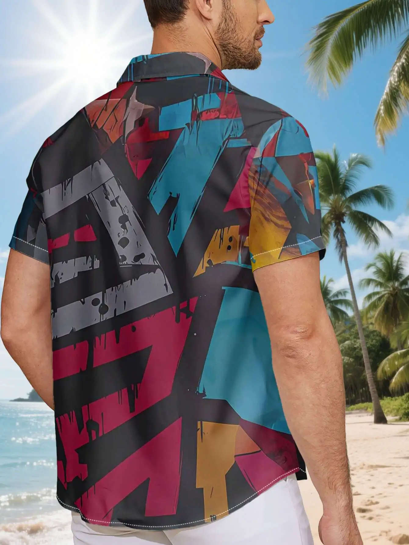 Men's Hawaiian Short Sleeve Shirt Vintage Colorful Geometric Block Print Turn Down Collar Casual Beach Holiday Top Mens Clothing