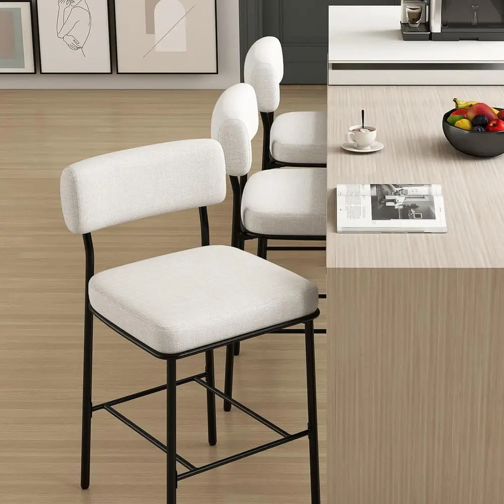 Juego de 4 taburetes de bar tapizados con altura de mostrador, tela beige, sillas de metal para isla de cocina o comedor del siglo moderno