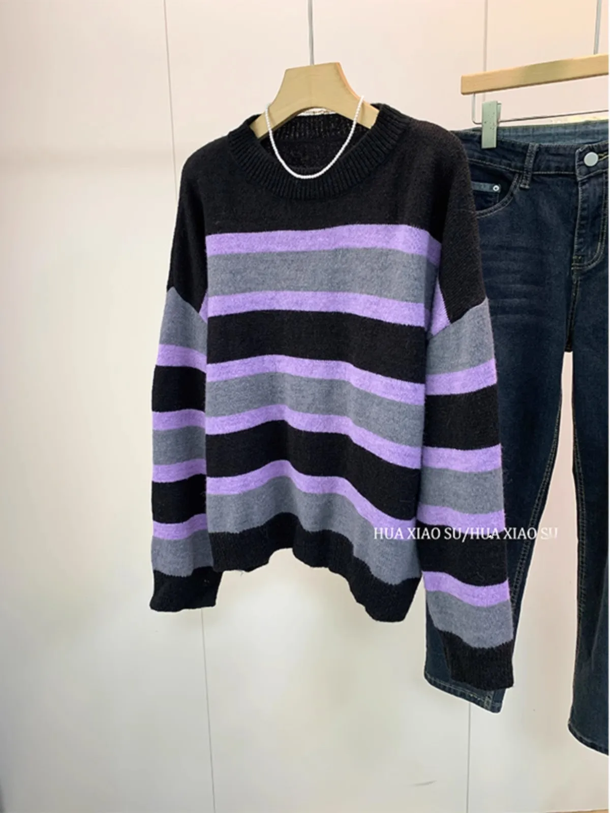 Vintage Striped Fashion Short Knit Sweater Women's Round Neck Neutral Boyfriend Design Sense Knit Sweater Sweet Sweater