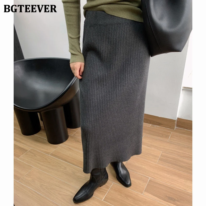 

BGTEEVER Casual Thicken Loose Female Straight Knitted Mid-Length Skirts Autumn Winter Fashion High Waist Ladies Sweater Skirts