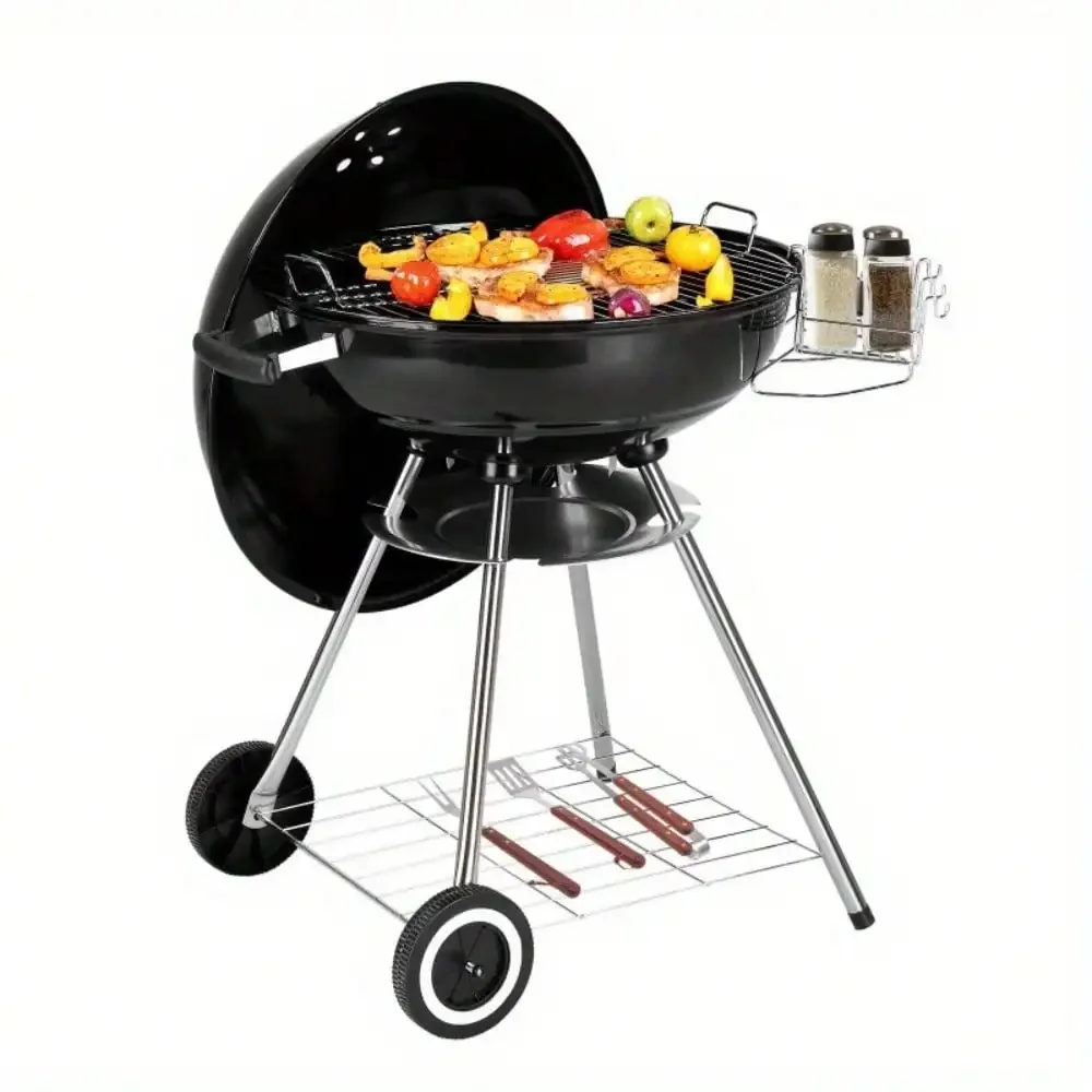 

28"Portable Outdoor Charcoal Grill with Wheels, Storage Holder, Lid, Thermometer