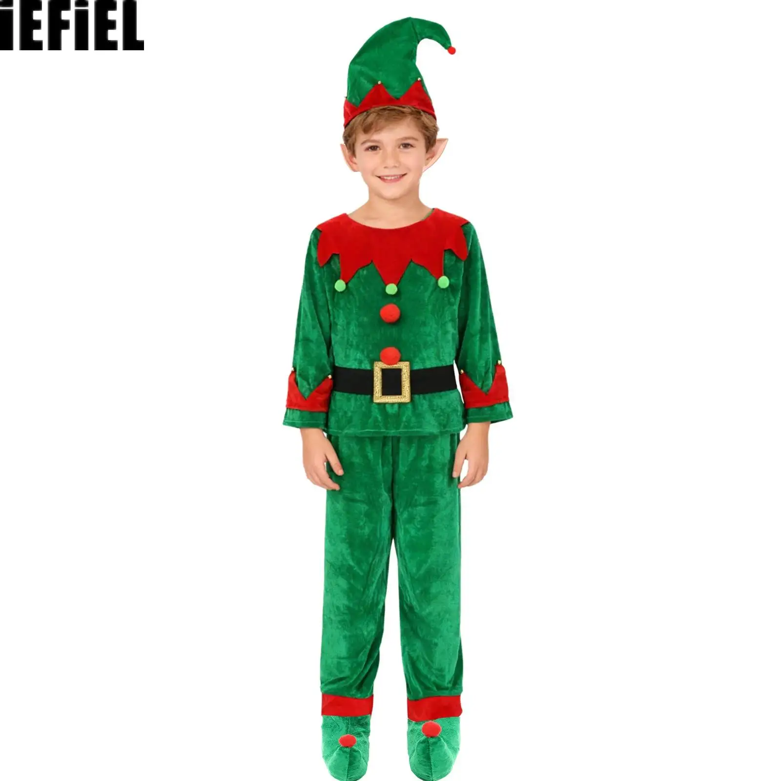 

Kids Boys Cute Christmas Elf Costume Set Shirt Top with Pants Hat Elf Ears Belt Stockings And Shoes Covers Set