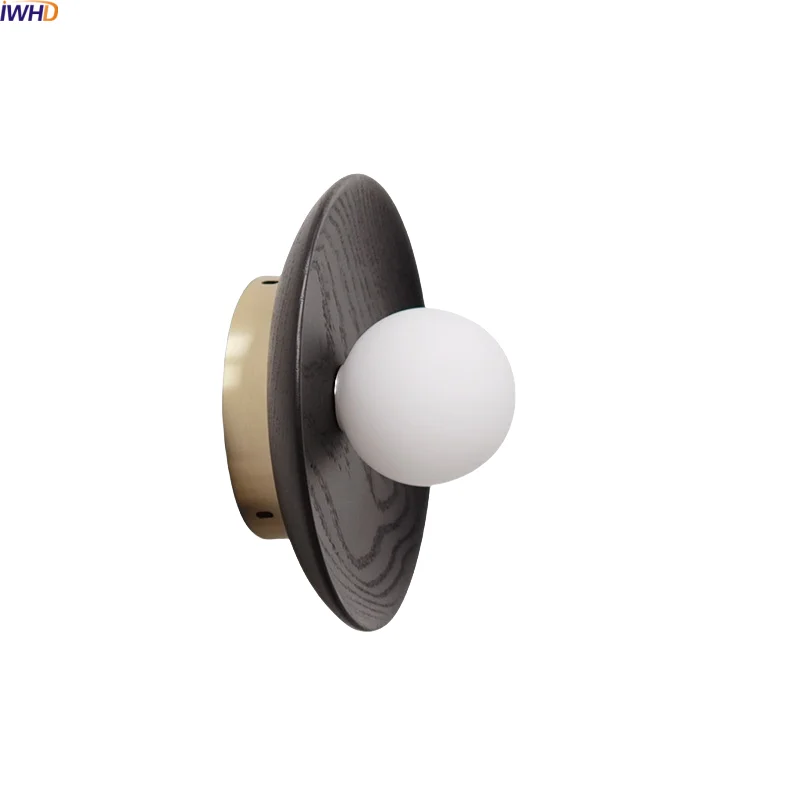 

IWHD Wooden Stair LED Wall Light Fixtures Indoor Black Ash Wood Glass Ball Home Decor Bedroom Bedside Lamp Luminaria De Parede