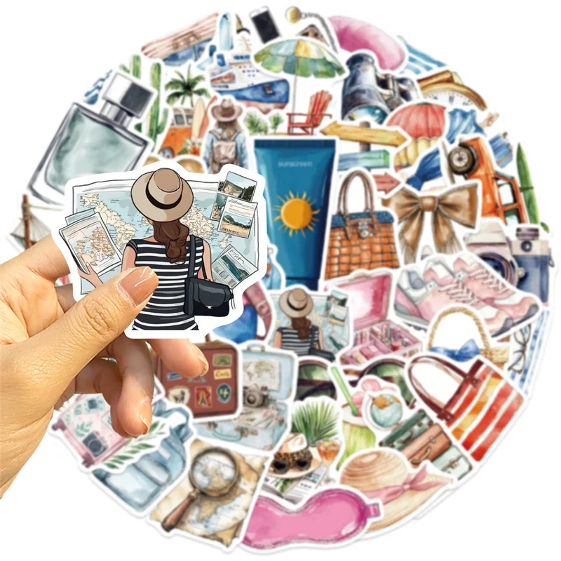 10/30/50PCS Cartoon Watercolor Travel PVC Sticky Sticker Aesthetic DIY Decoration Scrapbooking Hand Accounting Supplies