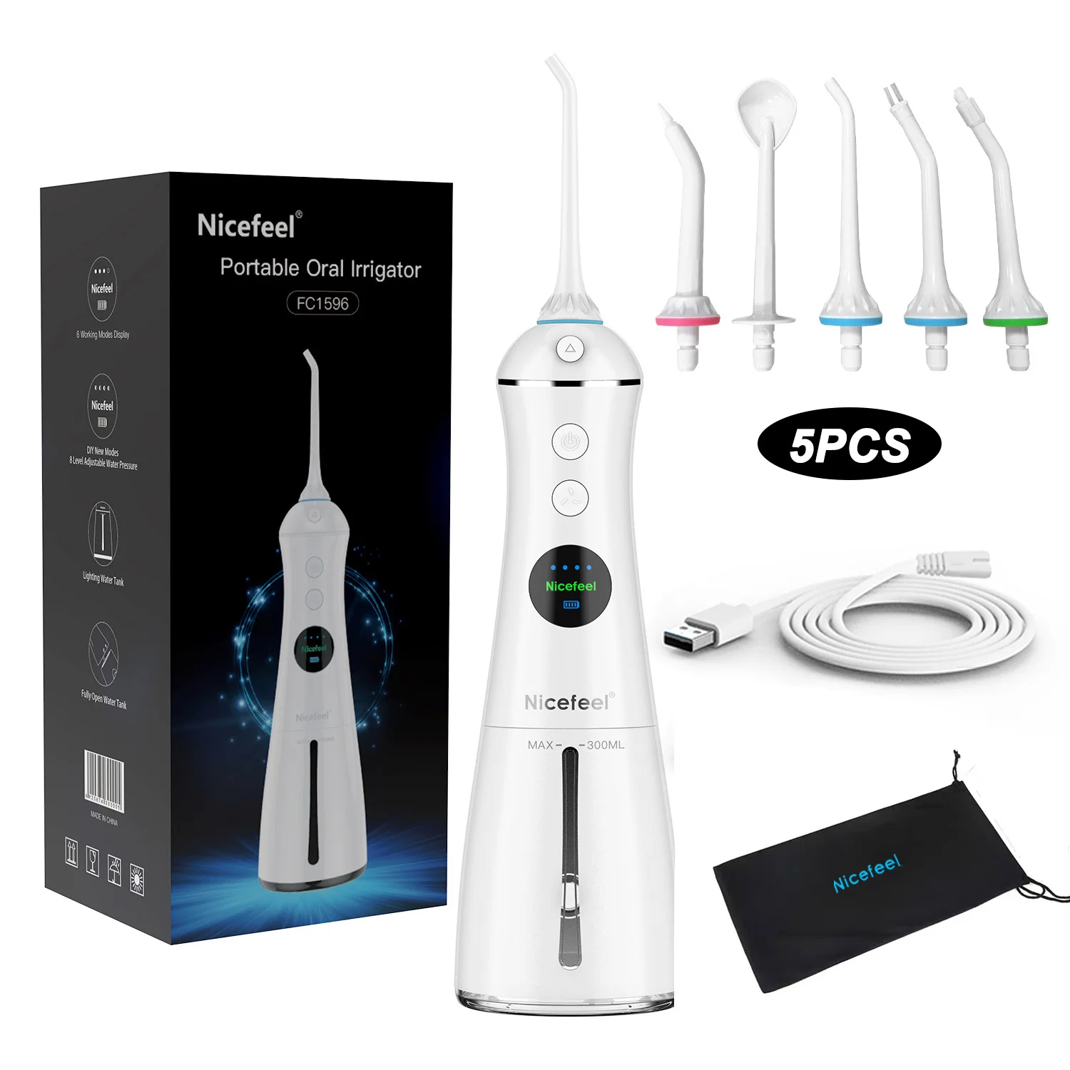 Oral Irrigator Portable Water Flosser Dental Oral Cleaner Rechargeable IPX7 Waterproof Strap 5 Replacement Heads  Family Travel