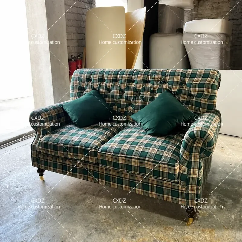 Retro Plaid Sofa Blue Green Pull Up Button Mid Century Modern Straight Row Single Chair For Small Apartment Living Room