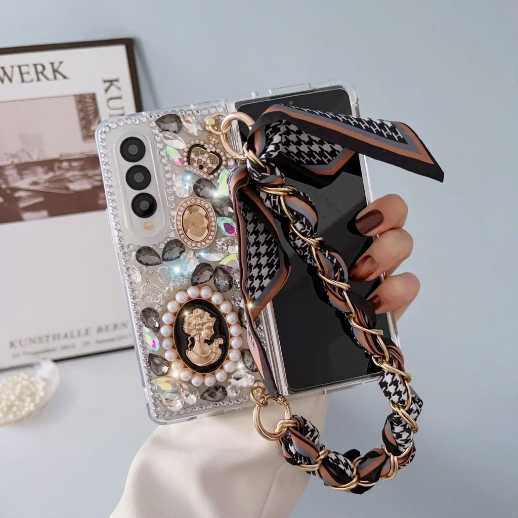 Full Diamond Queen Scarf Wrist Strap Phone Case For Samsung Galaxy Fold 5 Fold 4 3 2 Luxury Rhinestone Sparkle Bling Back Cover