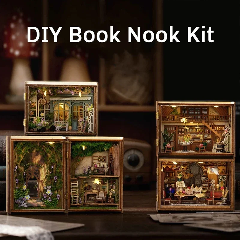 B-M DIY Book Nook Kit مع 3D لغز نموذج بناء رف الكتب الخشبي لعبة غلاف الهالوين عيد الميلاد هدية عيد ميلاد